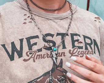 Western paperclip chain turquoise lightning bolt necklace