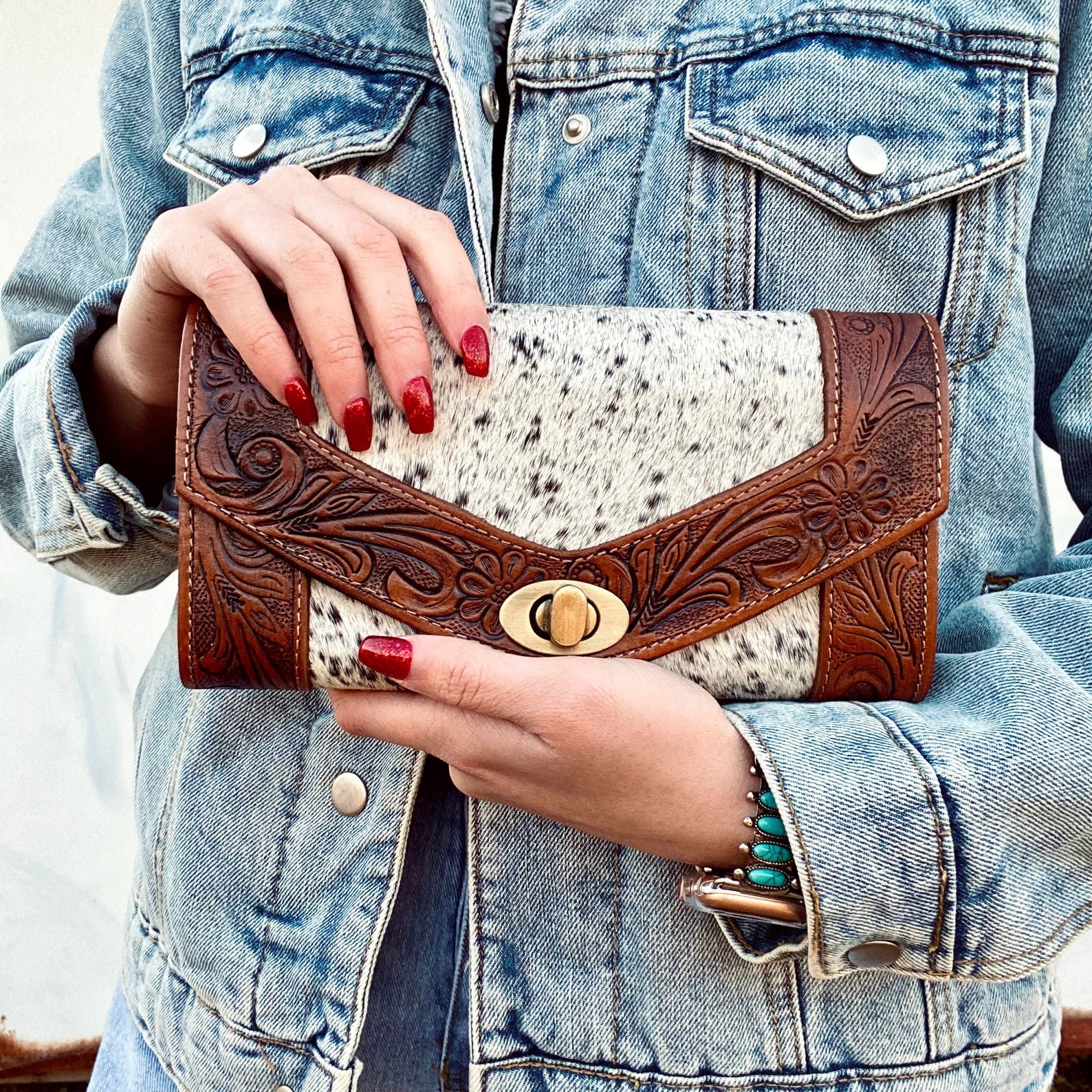 Genuine Leather Cowhide Wallet Etsy