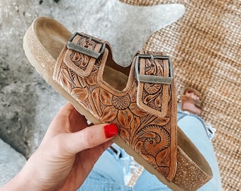 Western tooled leather sandals