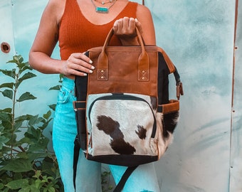 Leather and cowhide diaper backpack