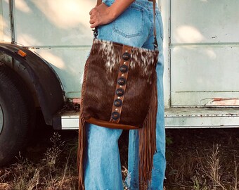 Genuine leather cowhide tassel crossbody bag