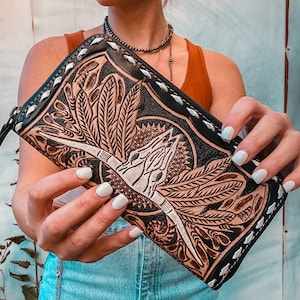 Longhorn leather tooled wallet