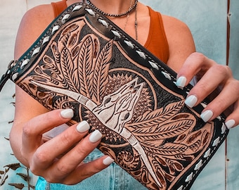 Longhorn leather tooled wallet