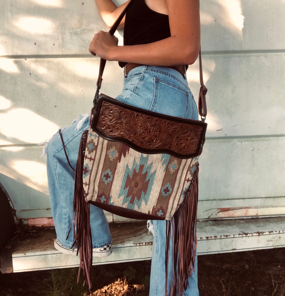Genuine Leather Western Saddle Blanket Tassel Myra Bag Etsy
