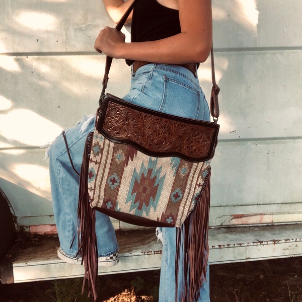 Genuine leather western saddle blanket tassel Myra bag