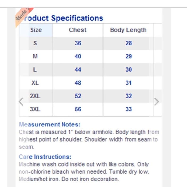 May include: Size chart for a shirt with measurements in inches for chest and body length. Sizes include S, M, L, XL, 2XL, and 3XL.  Care instructions include machine washing cold, tumble drying low, and ironing on a medium/hot setting.