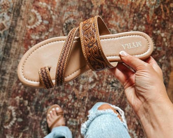 Western Tooled Leather Sandals - Etsy