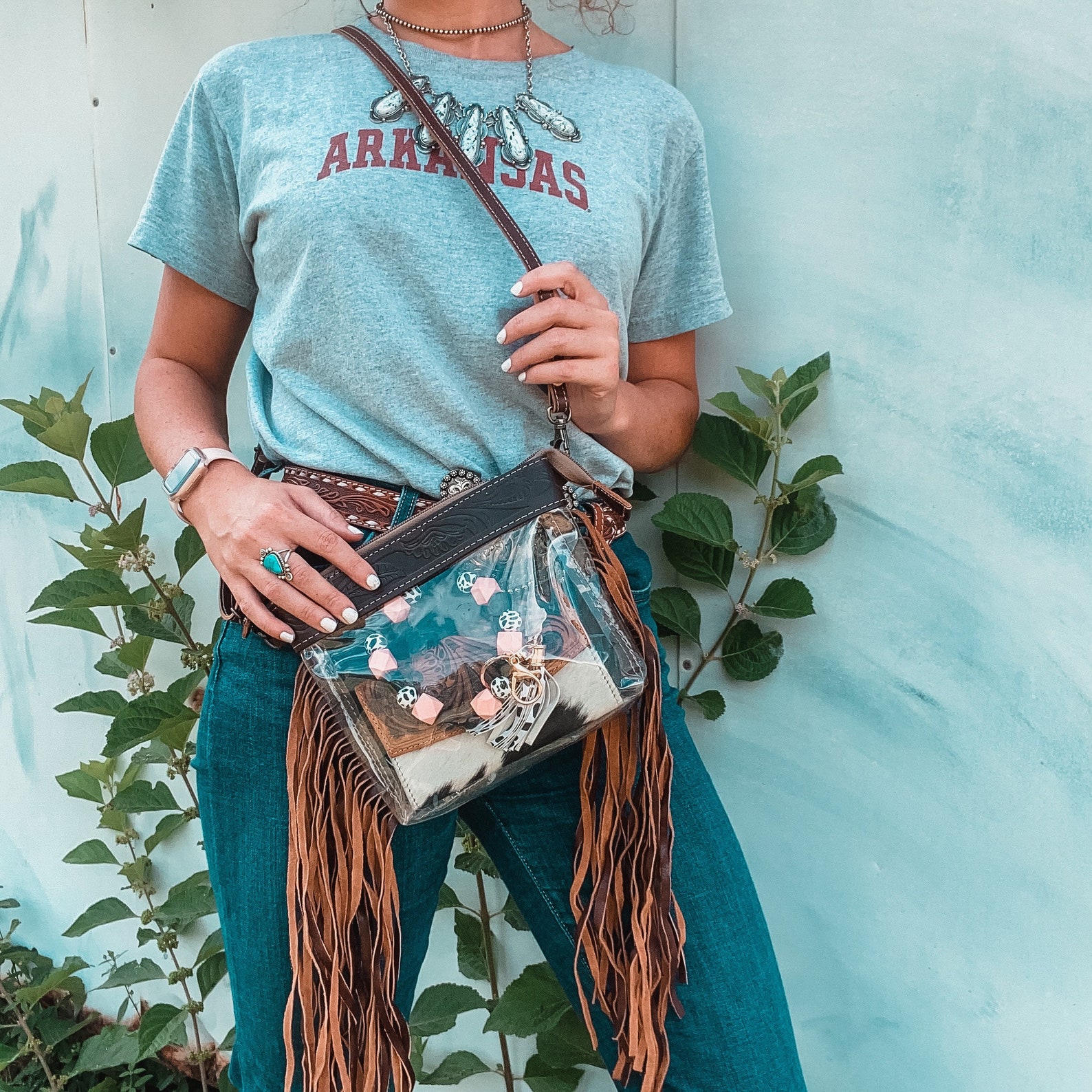Fringe Decor Crossbody Bag White