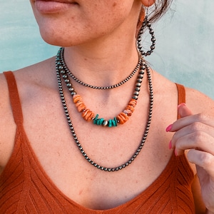 Genuine Navajo pearl, Spiny oyster, and Kingman turquoise necklace