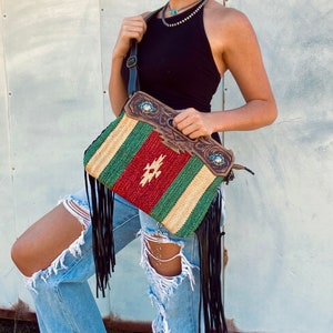 Western saddle blanket leather tassel crossbody bag