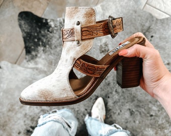 Tooled leather and cowhide heels