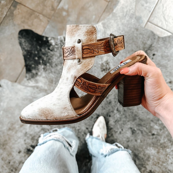Tooled leather and cowhide heels
