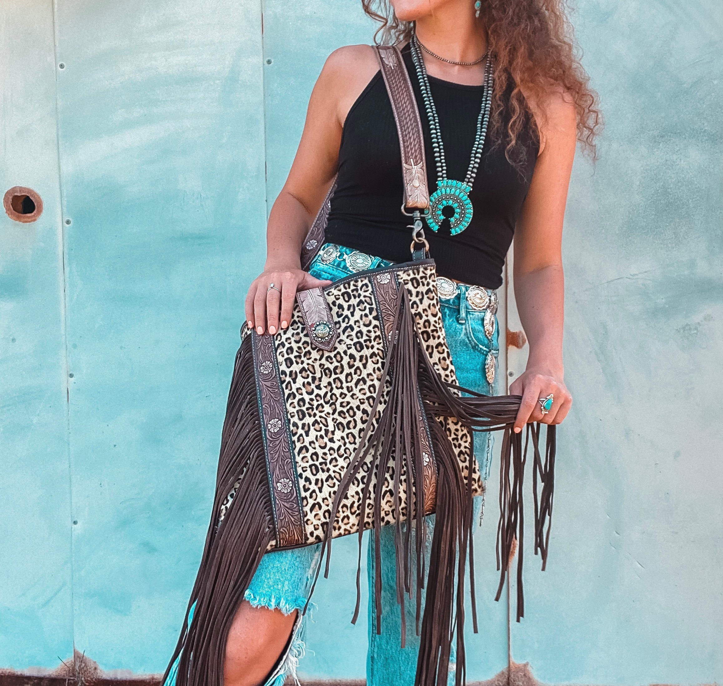 Tejas Leather Bucket Leopard bag with Tan Fringe – Sassy and Sweet Couture