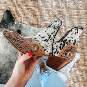 Tooled leather and cowhide ankle booties