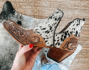 Tooled leather and cowhide ankle booties