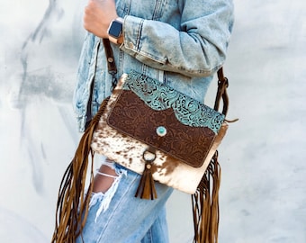 Leather tooled cowhide crossbody bag