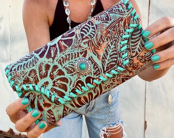 Genuine leather turquoise western Myra wallet