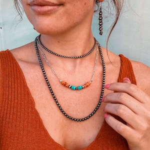 Genuine spiny oyster, genuine turquoise, and genuine Navajo pearl sterling silver paperclip chain necklace