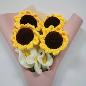 Gehaakte zonnebloemen, gehaakte calla lelie, set van 8, handgemaakte gebreide bloemen, gebreide calla lelie, zonnebloemboeket, gehaakte bloemen, cadeau