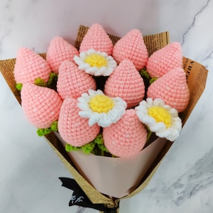 Crochet Pink Strawberry flower, Handmade knitted Flowers, Knitted Strawberry, Strawberry Bouquet, Crocheted Flowers, Home Decor, Gift