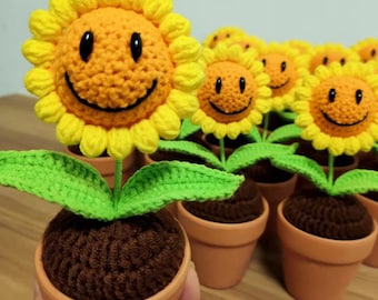 Girasol de ganchillo, adornos de girasol con cara sonriente, regalo de girasol, decoración floral para el hogar, girasol en maceta, decoración de inauguración de la casa