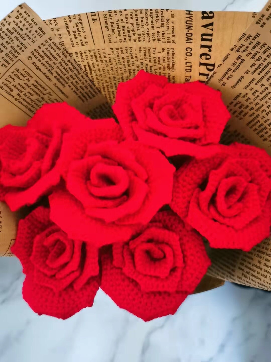 かぎ針編みのバラ、6個セット、手作りの編み花、編み物のバラ