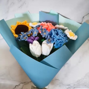 Crochet Bouquet, Set of 11, Sunflowers, Tulips, Forget-me-not, Daisies, Carnations, Handmade Flowers, Sunflower Bouquet, Crocheted Flowers