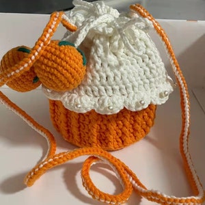 Handmade Drawstring Fruit Shape Cotton Crochet Pouch/Sack | Crochet Fruit Pouch | Orange Bucket bag | Fruit Purse | Daily Pouch