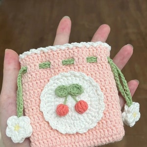 Bolsa de crochê cereja rosa, bolsa de crochê mini cereja rosa, bolsa de crochê, bolsa de crochê, bolsa de cartão artesanal, cereja rosa, presente artesanal, presente fofo