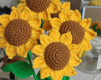 Girasoles de crochet, juego de 4, flores tejidas a mano, girasol de punto, ramo de girasoles, flores tejidas a crochet, decoración del hogar