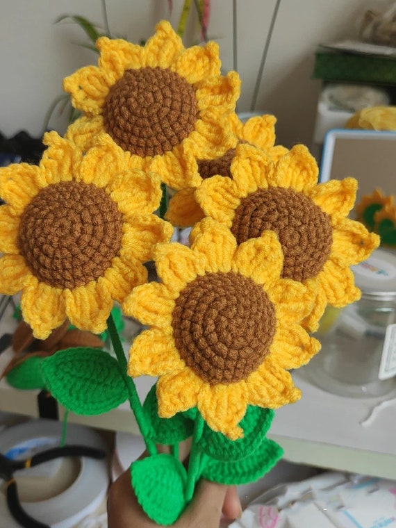 Fleur Au Crochet Tournesol - Mini Plante Tricotée Main - Décoration Bureau Ou Cadeau émotionnel