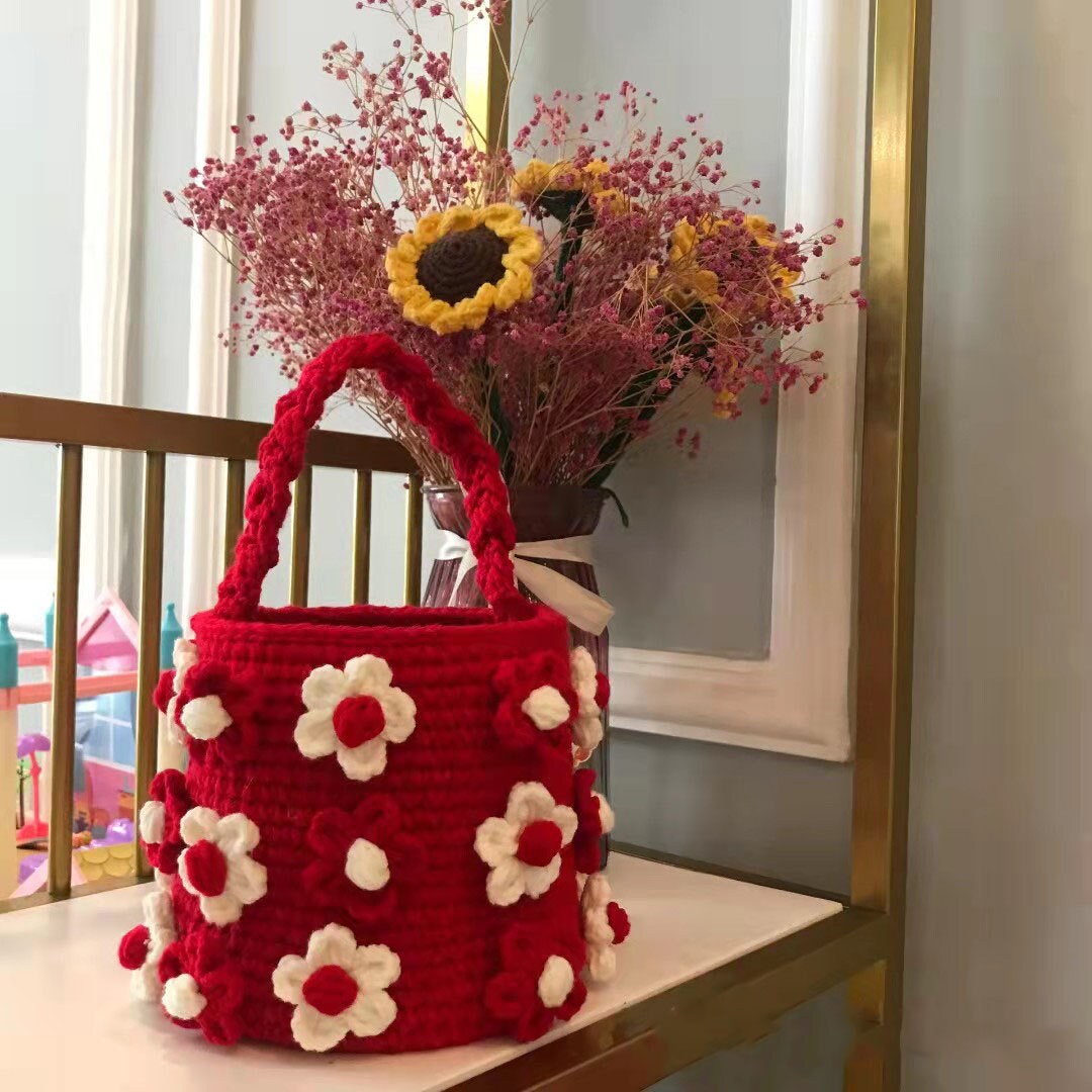 Crocheted Bucket Bag, Flower Bag, Flower Crochet Bucket Bag, Knitted