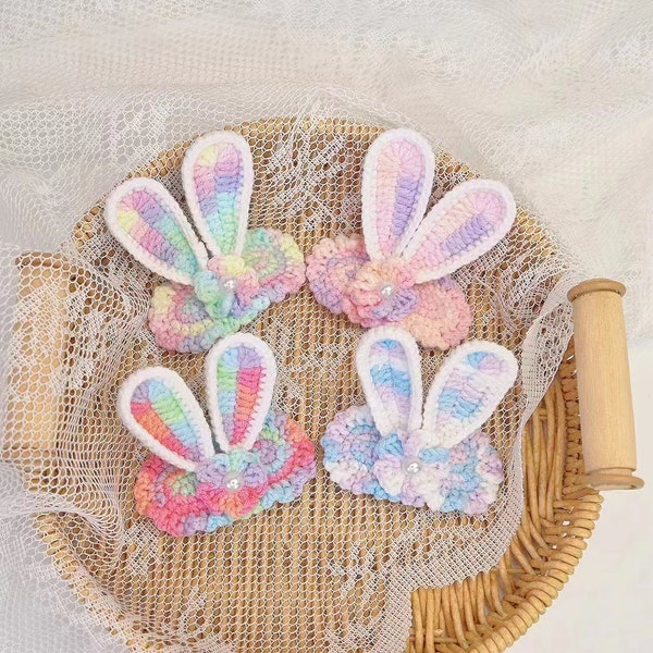 Crochet Gradient Colorful Hair Clip,Crochet hair clips,Bunny Rabbit flower hairpins,Crochet Bunny Ear Hair Clip,Handmade bunny hair clips