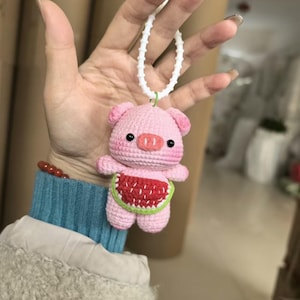 Crochet Pig keychain, Crochet Pig, Pig wearing watermelon apron, Crochet animal, Crochet Bag Pendant, Pig Hangings,Cute Gift(with keychain)