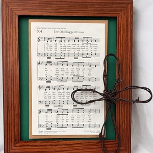 The Old Rugged Cross- vintage hymnal music and hand-tied barbed wire cross