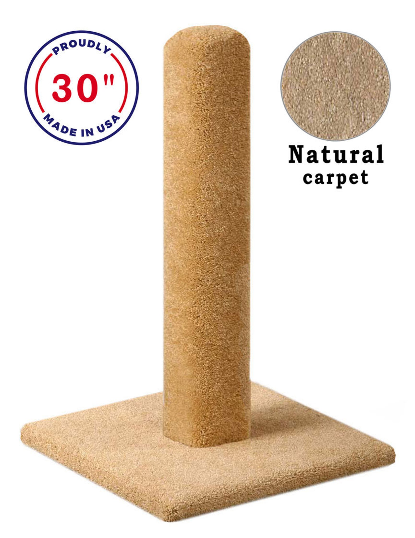 30 Wooden Cat Scratching Post Carpeted, USA Made With Solid Wood Pole