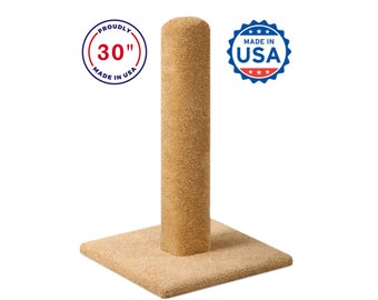 30" Wooden Cat Scratching Post Carpeted, USA Made with Solid Wood Pole, Tan, Gray, Natural and Green Colors