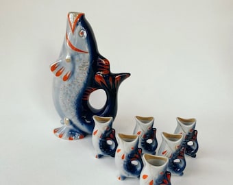 Fischkaraffe mit 6 Shotgläsern, Fish Krug, shot glasses ceramic