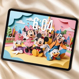 Mickey Mouse and Friends iPad Wallpaper, Disney Land Pastel Colour Aesthetic background, Paper Cut Style Disney lover Screensaver