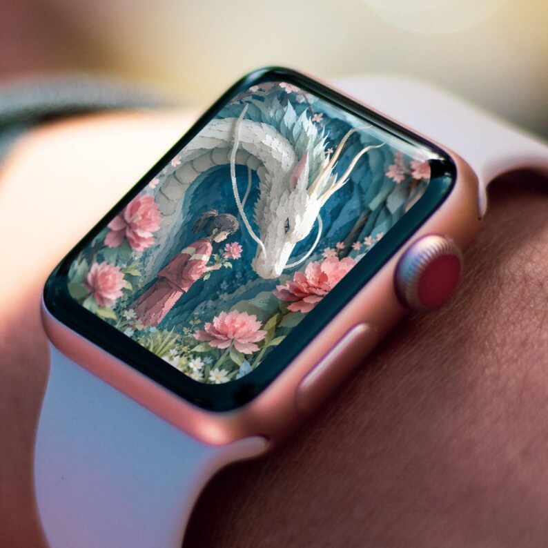 May include: A rose gold smartwatch with a white strap shows a digital illustration. The artwork depicts a white dragon, a girl in a red dress, and pink flowers. The background is a mix of blue and green.