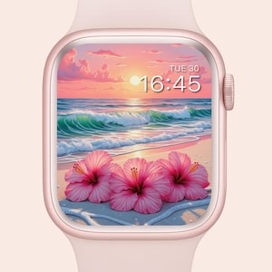 Beach Hibiscus Apple Watch Wallpaper: Pastel Ocean Scenery (Digital Download)