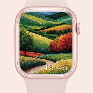 Apple Watch Wallpaper Autumn Forest | Cozy Embroidered Fall Landscape | Warm Nature  with Trees | Leaves & Mountains Design