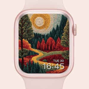 Apple Watch Wallpaper Autumn Forest | Cozy Embroidered Fall Landscape | Warm Nature  with Trees | Leaves & Sun Design
