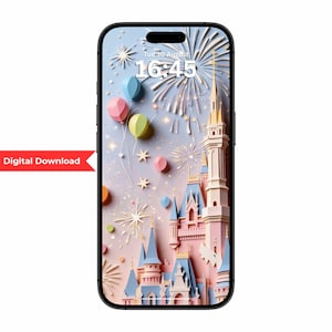 May include: A smartphone displays a whimsical castle scene with fireworks, balloons, and stars. The castle is pink and blue with gold accents. The screen shows the date and time. A red banner with the words "Digital Download" is on the left.