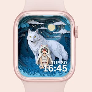 May include: A rose gold smartwatch displays a digital art scene of a white wolf and a figure in a wolf headdress in a forest setting. The time is 16:45 on Tuesday the 30th. The watch has a light pink band.