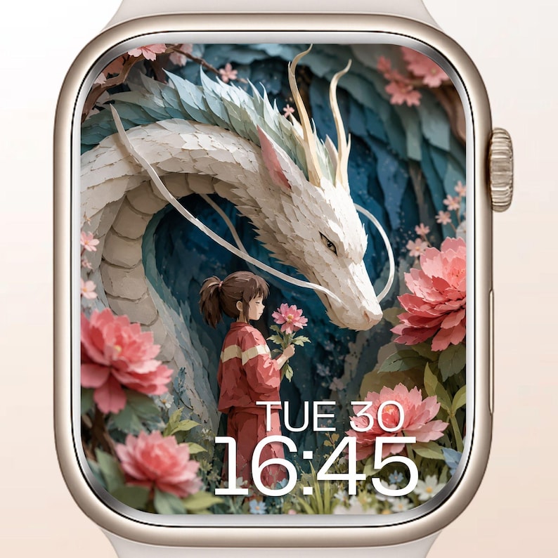 May include: A gold smartwatch with a screen showing a fantasy illustration. The artwork depicts a white dragon, a girl in a red outfit, and pink flowers against a blue and green backdrop. The date and time are displayed: TUE 30, 16:45.
