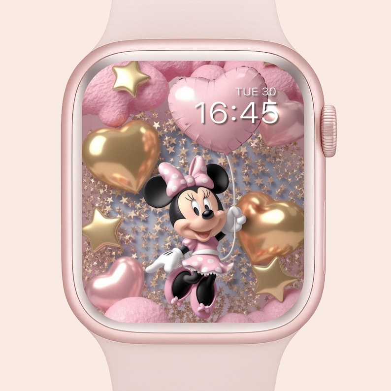 Puede incluir: Un reloj inteligente rosa muestra un dise&ntilde;o de Minnie Mouse. La esfera del reloj presenta a Minnie sosteniendo un globo en forma de coraz&oacute;n, rodeada de estrellas doradas, globos en forma de coraz&oacute;n y nubes. La hora es 16:45 y el d&iacute;a es martes.