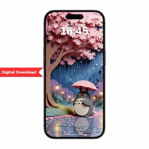 Könnte beinhalten: Digitaler Handy-Hintergrund mit einer Illustration eines grauen Cartoon-Charakters, der einen rosa Regenschirm unter einem Kirschblütenbaum im Regen hält. Der Telefonbildschirm zeigt Datum und Uhrzeit an. Der Text "Digital Download" steht auf einem roten Banner.