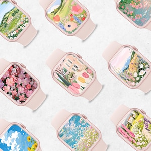 Puede incluir: Varios smartwatches con diferentes pantallas con temas florales y paisaj&iacute;sticos. Las correas de los relojes son de color rosa p&aacute;lido y las esferas muestran ilustraciones coloridas de flores, campos y edificios. La est&eacute;tica general es suave y femenina.