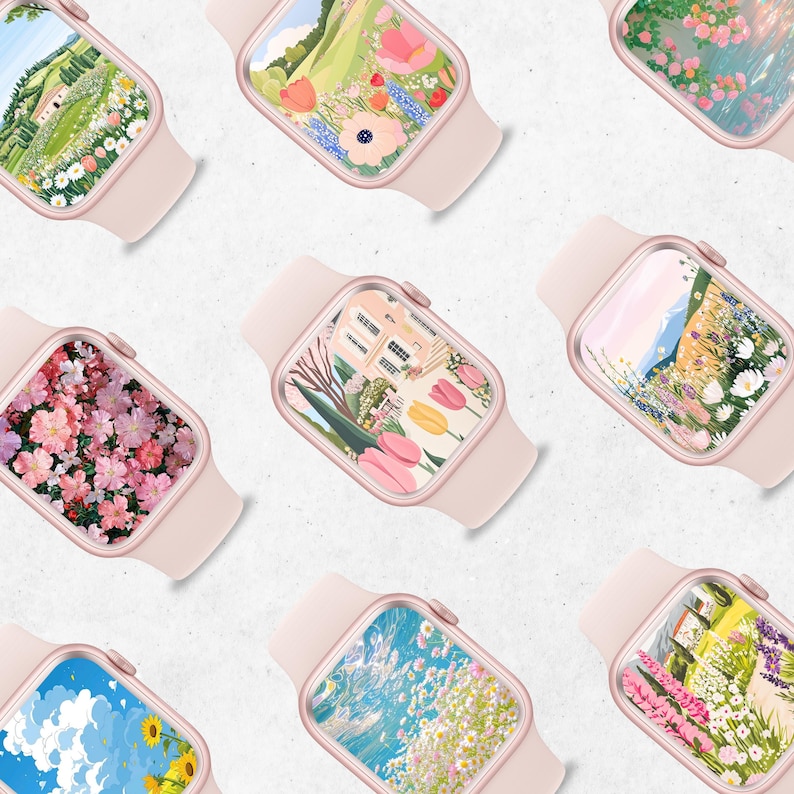 Puede incluir: Varios smartwatches con diferentes pantallas con temas florales y paisaj&iacute;sticos. Las correas de los relojes son de color rosa p&aacute;lido y las esferas muestran ilustraciones coloridas de flores, campos y edificios. La est&eacute;tica general es suave y femenina.